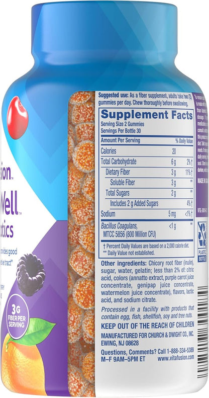 vitafusion Probiotic + Prebiotic Fiber Gummies for Adults, Probiotic Supplement with Prebiotic Fiber to Support Gut Health and Provide Good Bacteria (1), Cherry Berry Citrus Rush Flavor, 60 Count