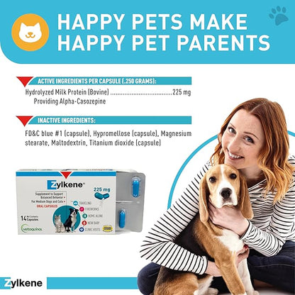 Vetoquinol Zylkene Calming Support Supplement for Medium Dogs 33-65lbs Promotes Relaxation, Reduces Stress, and Supports Occasional Anxiety Relief for Dogs, 225mg - 14 Capsules