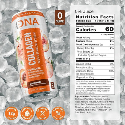 HYDRADNA- Sparkling Liquid Collagen Protein Water Drink Balanced Nutrients for Wellness - Sugar-Free - Keto-Friendly - No Gluten (12 Pack) Georgia Peach