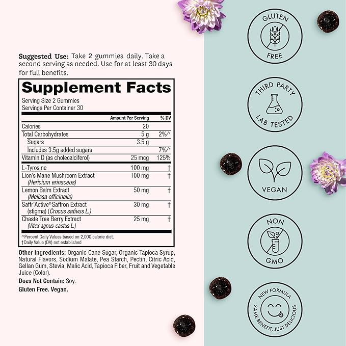 Winged Wellness Happy Her Mood Gummies - Daily Mood Enhancer Support Supplement for Women - Vitamin D with Saffron, Lemon Balm, & Lions Mane Mushrooms for Balance & Calming Relief - 50 Vegan Gummies