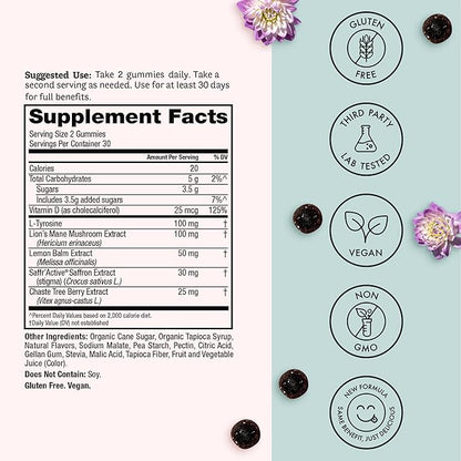 Winged Wellness Happy Her Mood Gummies - Daily Mood Enhancer Support Supplement for Women - Vitamin D with Saffron, Lemon Balm, & Lions Mane Mushrooms for Balance & Calming Relief - 50 Vegan Gummies