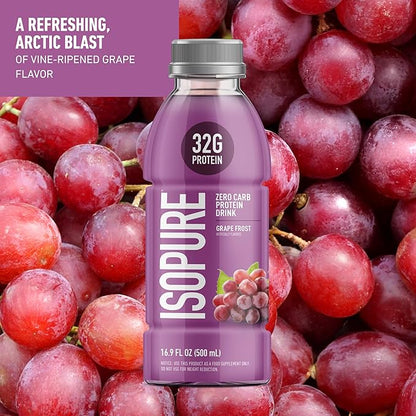Isopure Zero Carb 32g Clear Protein Ready-to-Drink, Whey Protein Isolate, Grape Frost, 12 Pack (Packaging May Vary)