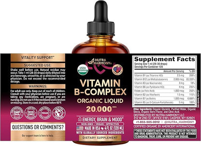 USDA Organic Vitamin B-Complex B5 Pantothenic Acid | B12 Methylcobalamin | B1 Thiamine | B6 Pyridoxine | B7 Biotin | B9 Folic | B3 Niacinamide - B Complex Liquid Drops, Made in USA Supplement, 4fl oz
