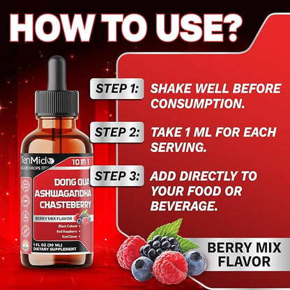 10in1 Liquid Dong Quai Supplement for Women with Ashwagandha, Chasteberry, Black Cohosh, Red Clover, Magnolia, Red Raspberry, Hops Flower, Lemon Balm, and Ginger - 30ml 1 Fl Oz