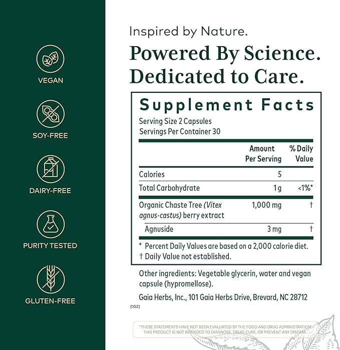 Gaia Herbs Pro Vitex PRO- Supplement Supports Normal Menstrual Cycle & Healthy Menopause* - Progesterone Support Supplement* with Organic Chaste Tree Berry Extract - 60 Liquid Phyto-Caps (30 Servings)