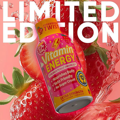 Vitamin Energy Immune+ Extra Strength Energy Shot Strawberry Twist 10 Pack, 260mg Natural Caffeine, B-Vitamins, Citicoline, Green Tea, Immunity & Focus Support, Zero Sugar, Gluten-Free 1.93 fl oz