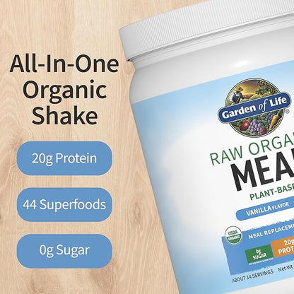 Garden of Life Meal Replacement Shakes, Raw Organic, Vanilla Protein Powder with Plant Based Pea Protein, Sprouts, Greens, Probiotics, Dairy Free 14 Servings