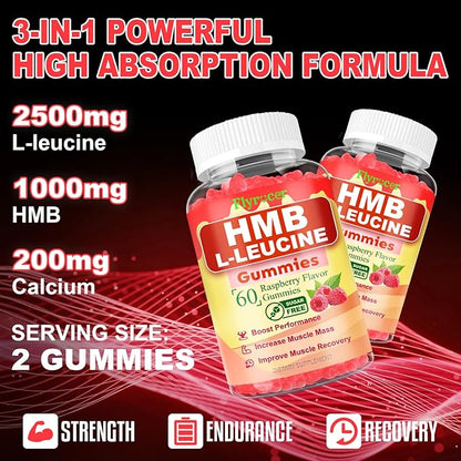 2 Pack HMB and L-Leucine Gummies, HMB and Leucine for Muscle Growth, Muscle Relief, for Men & Women, Vegan, Sugar-Free, Raspberry Flavor, 120 Count