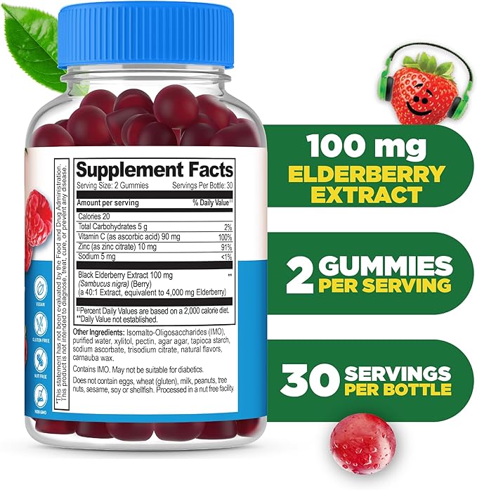 Lifeable Sugar Free Elderberry Gummies for Kids with Vitamin C and Zinc | Kids Immune Support Supplement | Great Tasting Elderberry Gummies | Vegan, Non GMO, Kosher Gluten Free | 60 Gummies