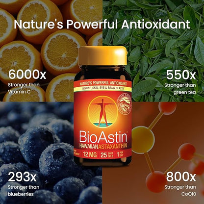 Nutrex Hawaii BioAstin Hawaiian Astaxanthin - 12mg, 25 Softgels - Farm-Direct Premium Antioxidant Supplement to Support Eye, Skin, Joint & Immune System Health - Non-GMO & Gluten-Free