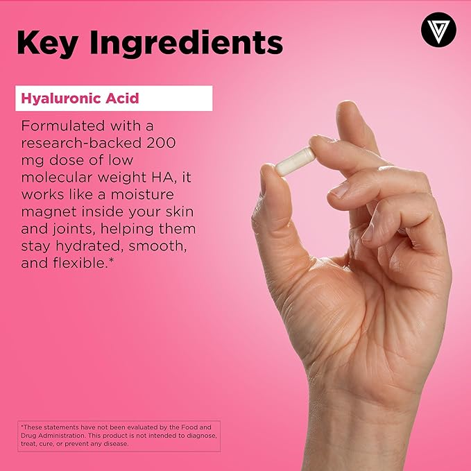 Vital Vitamins Hyaluronic Acid Supplements - Made with 200mg of Low Molecular Weight Hyaluronic Acid - Supports Skin Hydration & Elasticity from Within - 60 Capsules, 60 Servings