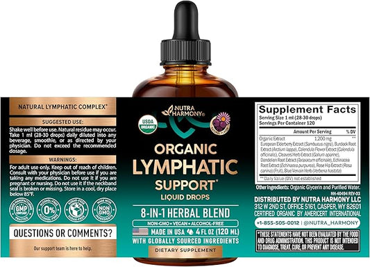 USDA Organic Lymphatic Drainage Supplement - Echinacea | Elderberry | Dandelion | Rosehip | Cleavers | Calendula | Burdock - Made in USA - Lymph System Drops - Immune Support, Cleanse & Detox, 4 fl oz