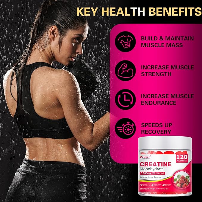 120Count Creatine Monohydrate Gummies 5g, Energy Creatine Supplements Gummies for Gym Essentials-Strawberry