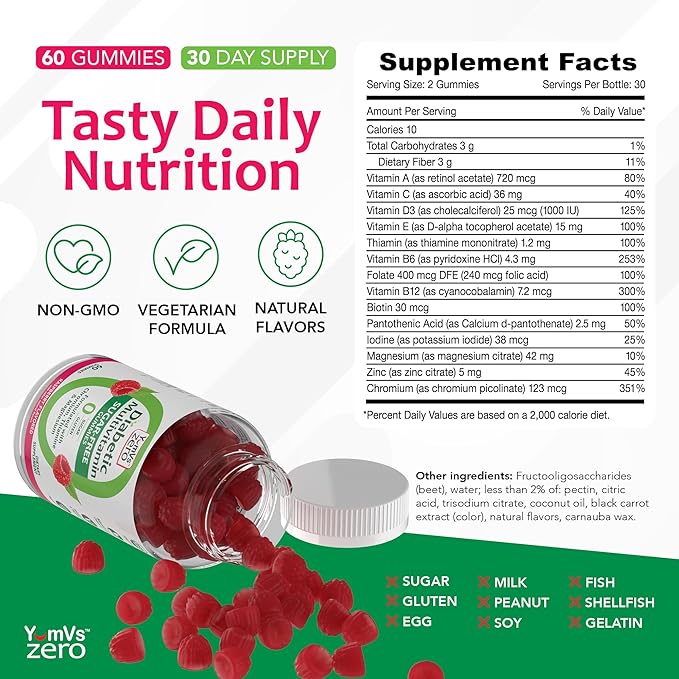 YUM-V'S Multivitamin for Women & Men – Sugar Free Multivitamin Gummies – Zero Sugar Gummy with Chromium, Thiamine & Magnesium – Keto-Friendly Daily Vitamin Gummy – Natural Raspberry Flavor – 60 Count