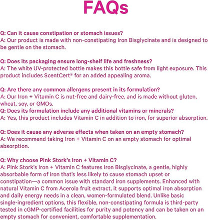 Pink Stork Iron for Women – 18 mg Non-Constipating Iron Bisglycinate + Vitamin C for Optimal Absorption – Energy, Focus, & Oxygen Supply – PMS, Pregnancy, Postpartum & Perimenopause - 60 Capsules