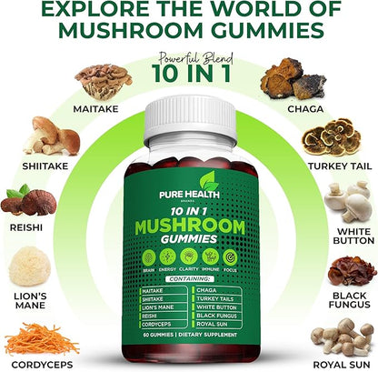 11-in-ONE Mushroom Complex Gummies - 10x Mushroom Supplement W Lions Mane - Nootropic Brain Supplement, Immune Support, All Natural 60 Count Gummies.