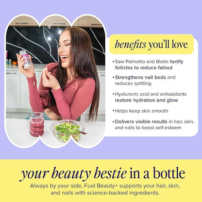 Fuel Beauty+ 24-in-1 Hair, Skin & Nails Vitamins for Women – 5000mcg Biotin, Hyaluronic Acid & Saw Palmetto – Daily Multivitamin for Hair Growth, Nail Strength & Skin Glow – 60 Capsules