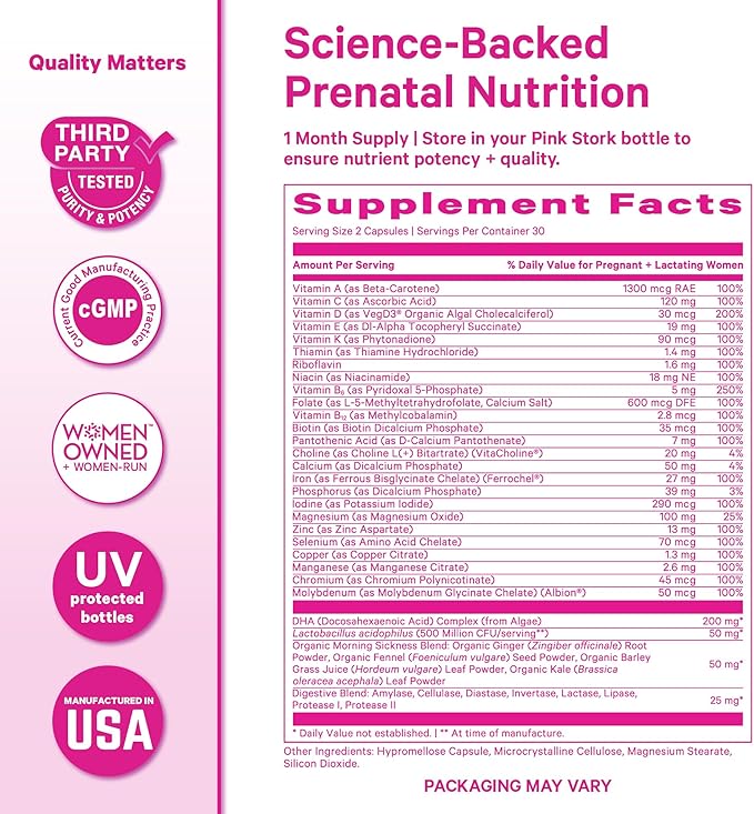 Pink Stork Premium Prenatal Vitamins for Women | Methylated Folate, Choline, Iron, Vegan DHA | Doctor-Formulated Prenatal Vitamin | Organic Whole-Foods & Probiotic | Gentle on Stomach, 60 Count