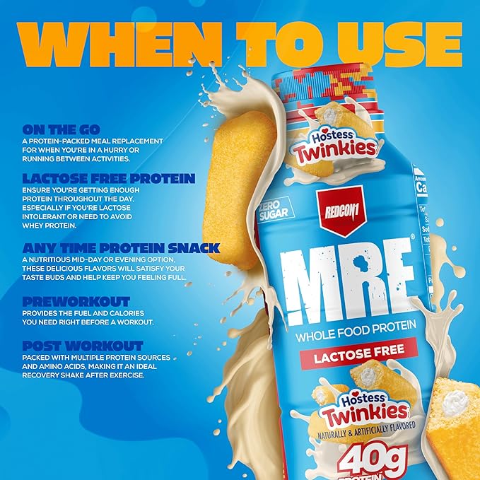 REDCON1 MRE Ready to Drink Protein Shakes Hostess™, Twinkies - Lactose Free RTD Protein Made with Real Whole Food Protein Blends - Easy to Digest Nutritional Shake (12 Pack)