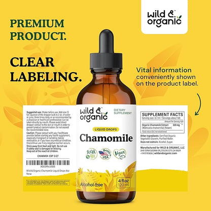 Wild & Organic Chamomile Flowers Drops - Add to Tea for Relaxation Support - 500 mg Chamomile Extract Liquid Drops - Calming Herbal Supplement - 56-Day Supply - Vegan, Sugar & Alcohol-Free - 4 fl oz