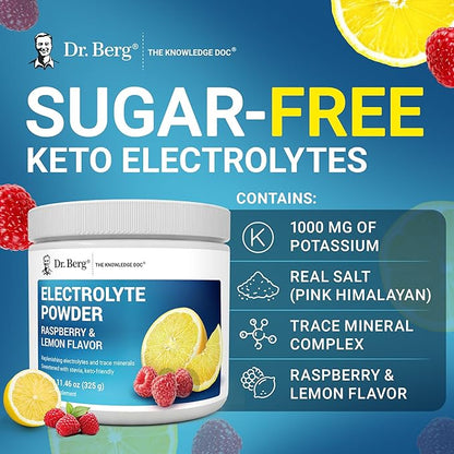 Dr. Berg Zero Sugar Hydration Keto Electrolyte Powder - Enhanced w/ 1000 mg of Potassium & Real Pink Himalayan Salt (NOT Table Salt) - Raspberry & Lemon Flavor Hydration Drink Supplement - 50 Servings