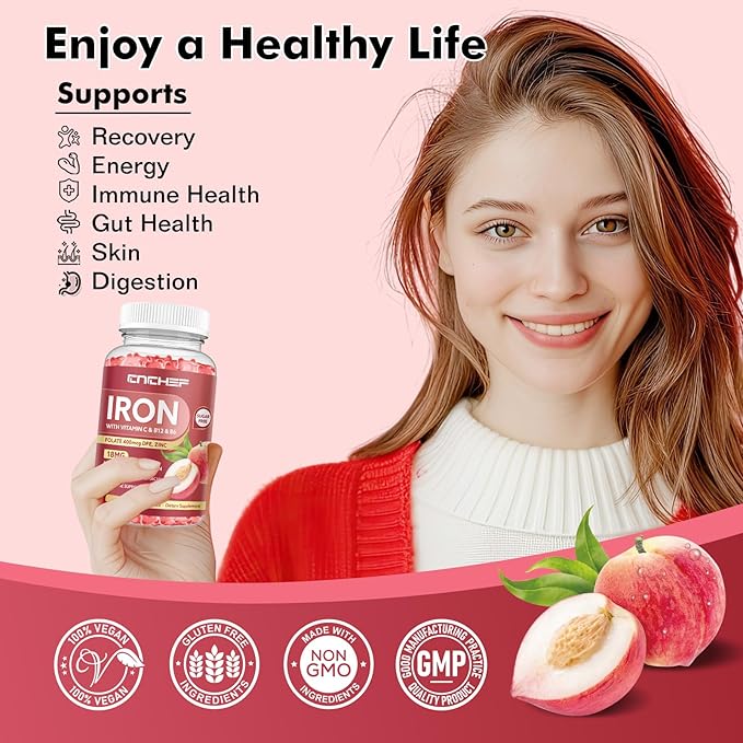 Iron Supplement for Women & Men Gummies, Multivitamin Blood Builder Iron Supplement with Folate Vitamin C B12 B6 Zinc for Adults & Kids - Energy Support - Peach Flavor, Vegan 60 Gummies