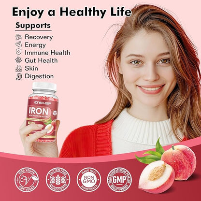Iron Supplement for Women & Men Gummies, Multivitamin Blood Builder Iron Supplement with Folate Vitamin C B12 B6 Zinc for Adults & Kids - Energy Support - Peach Flavor, Vegan 60 Gummies