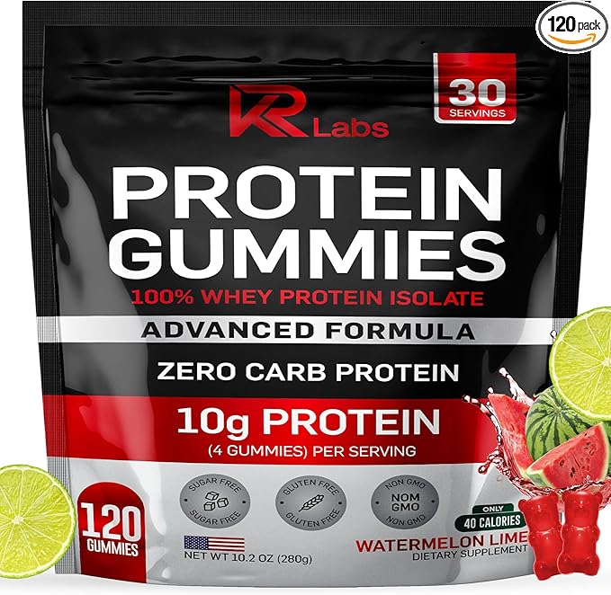 Zero Carb 100% Pure Whey Isolate Protein Gummies | 300g Total Protein per Bag | 10g per Serving Plant Based with Vitamins for Men & Women | Gluten Free Non-GMO | Watermelon Lime | 120 Count
