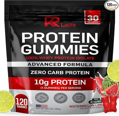 Zero Carb 100% Pure Whey Isolate Protein Gummies | 300g Total Protein per Bag | 10g per Serving Plant Based with Vitamins for Men & Women | Gluten Free Non-GMO | Watermelon Lime | 120 Count