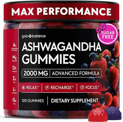 Ashwagandha Gummies – 120 Count - 2000 MG Ashwagandha Supplements with L-Theanine, GABA, Magnesium, Zinc & Vitamin D3 – Sugar-Free, Vegan, Non-GMO–Natural Support for Balance