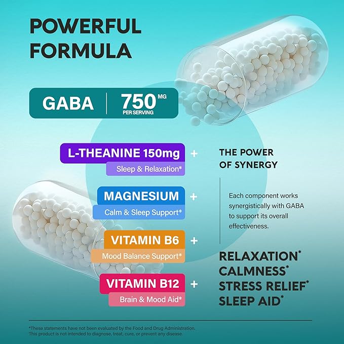 GABA L-Theanine 900 mg - Made in USA - Magnesium | Vitamin B6 - Calm, Sleep, Relaxation & Mood Support - 750 mg Gamma AminoButyric Acid, 150 mg L-Theanine - Non-Habit Forming, Vegan - 180 Capsules