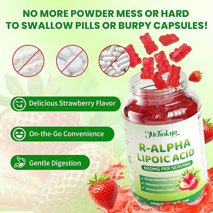 R Alpha Lipoic Acid 600mg Gummies, Stabilized R-Alpha Lipoic Acid, ALA Supplement for Nerve Health, Antioxidant & Metabolism Support- Vegan, Non-GMO, Gluten Free, Strawberry Flavor - 120 Count