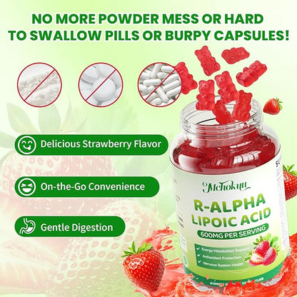 R Alpha Lipoic Acid 600mg Gummies, Stabilized R-Alpha Lipoic Acid, ALA Supplement for Nerve Health, Antioxidant & Metabolism Support- Vegan, Non-GMO, Gluten Free, Strawberry Flavor - 120 Count