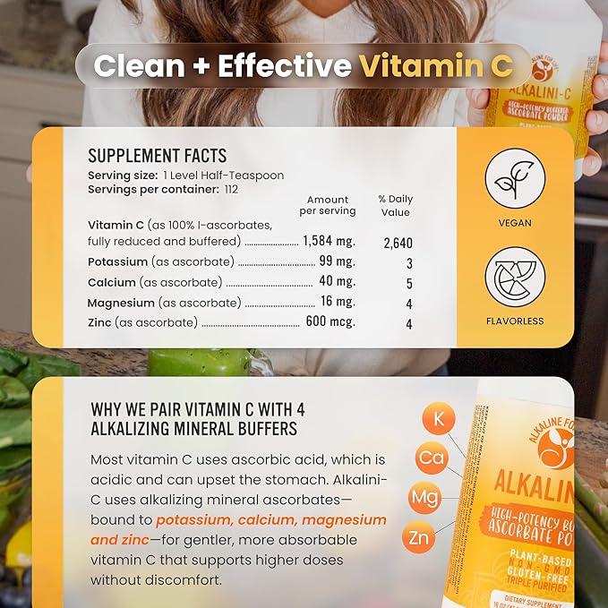 Alkaline for Life Alkalini-C Buffered Vitamin C Powder, L-Ascorbate Mineral Ascorbates with Calcium Magnesium Potassium and Zinc, Corn-Free Non-GMO Easy-Mix pH-Balanced Daily Wellness Support, 8 oz