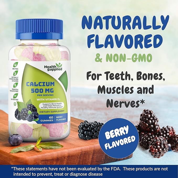Health Supplied Calcium 500mg with Vitamin D3 1000 IU Gummies | Daily Dietary Supplement | Bone Strength, Growth, Teeth | for Adults, Teens, Kids | Great Tasting Natural Berry Flavor Vitamin Gummy