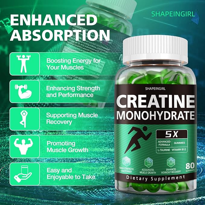 Creatine Gummies for Men & Women - Chewable Creatine Monohydrate Gummies for Muscle Strength, Improving Endurance & Post Workout Recovery - Creatine Supplement - Green Apple Flavors (160 Count)