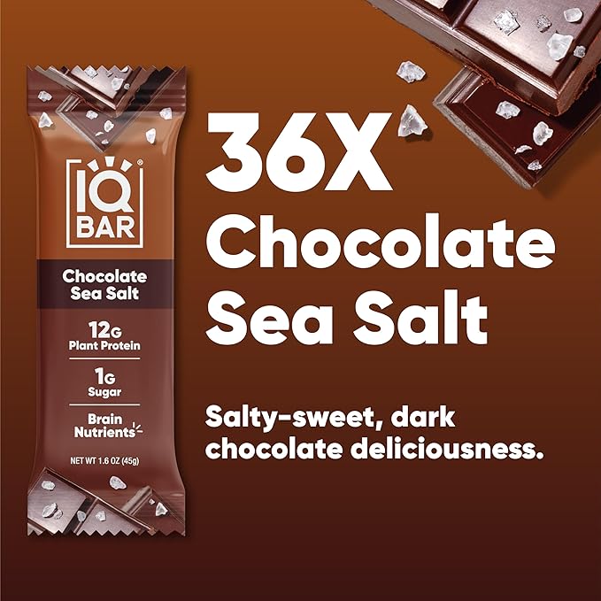 IQBAR Clean Plant Protein Bars - Chocolate Sea Salt - 36 Count - Keto, Vegan, High Fiber, Gluten and Dairy Free, Low Sugar Snack - Brain and Body Nutrients for Focus, Energy, Meal Replacement