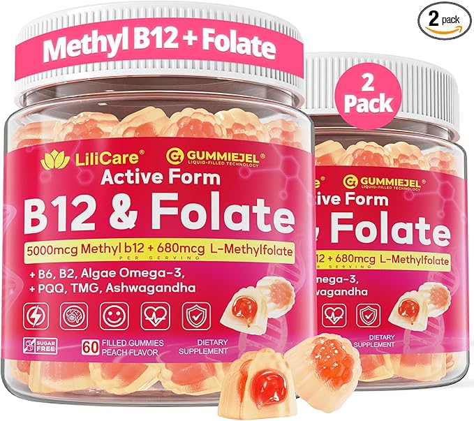 Methyl B12 5000mcg & L-Methylfolate Gummies + P5P for Women Men - Active 5-MTHF & Methylted B Complex Adult Supplement + B2 B6, Omega 3, Choline,TMG for Cellular Energy, Cognition, MTHFR Gene, 120Cts