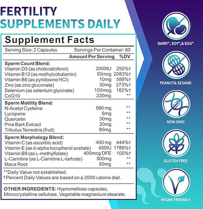 Male Fertility Supplement, Pre Conception Fertility Supplements for Men with CoQ10, Maca Root, Zinc & NAC, Mens Prenatal Vitamins for Optimal Sperm Count Motility, Conception for Him, 120 Capsules