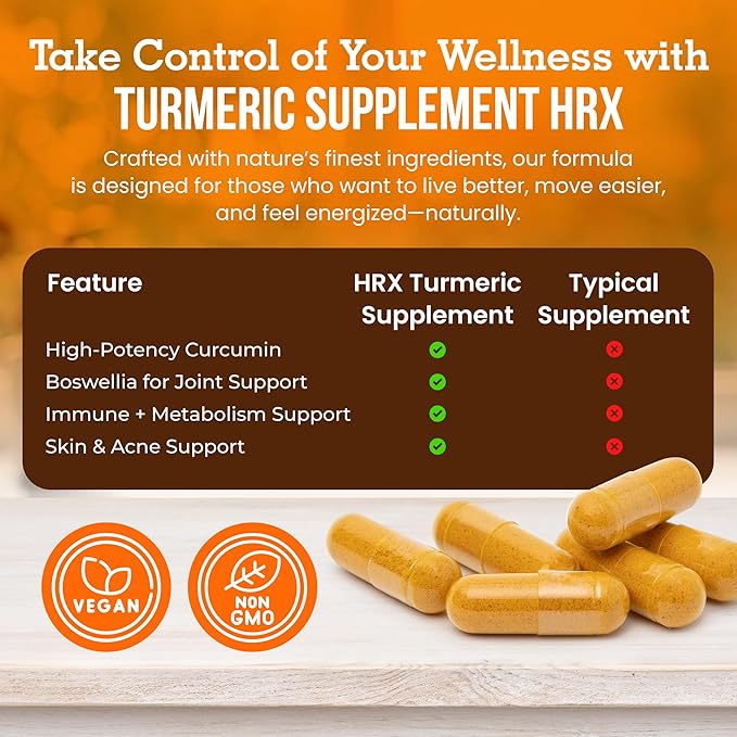 Turmeric Supplement Hrx- Immune Supplement, Metabolism Booster Joint Support Supplement with Turmeric Curcumin, Boswellia, Curcuma & Black Pepper Extract - 60 Capsules
