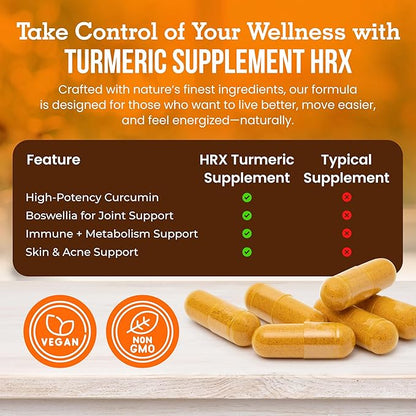 Turmeric Supplement Hrx- Immune Supplement, Metabolism Booster Joint Support Supplement with Turmeric Curcumin, Boswellia, Curcuma & Black Pepper Extract - 60 Capsules (Pack of 2)