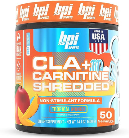 BPI Sports CLA + Carnitine Shredded - Convert Fat Cells Into Energy and Supports Lean Muscle, Boost Metabolism - Non-Stimulant L-Carnitine Supplement - Tropical Mango (14.1 oz. / 50 Servings)