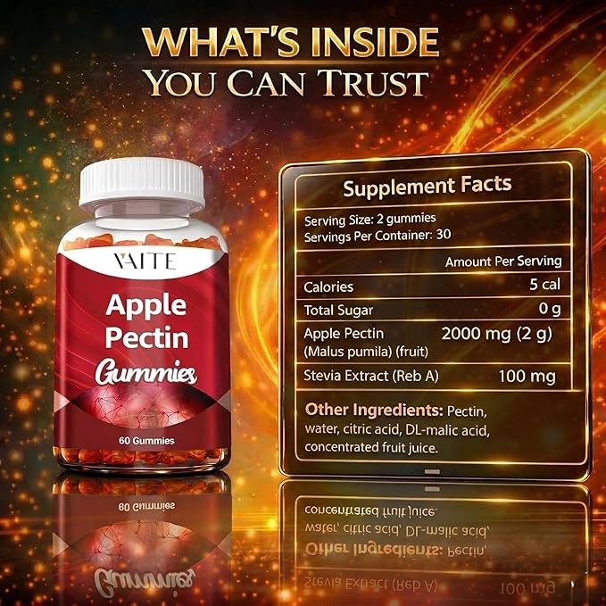 Apple Pectin Gummies - High-Fiber Supplement with 2000mg Natural Cholesterol Lower Support, Promotes Digestive Wellness & Stomach Comfort, Non-GMO & Gluten Free Herbal Supplements - 60 Vegan Gummy