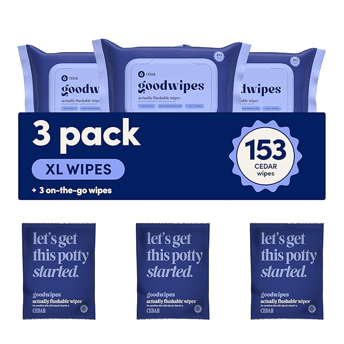 goodwipes Flushable Butt Wipes - Vitamin E & Aloe - Sewer & Septic Safe - Extra Large Adult Wet Wipes For Women & Men - Bathroom Essentials - Cedar, 153 Count (3 Packs + 3 Individually Wrapped)