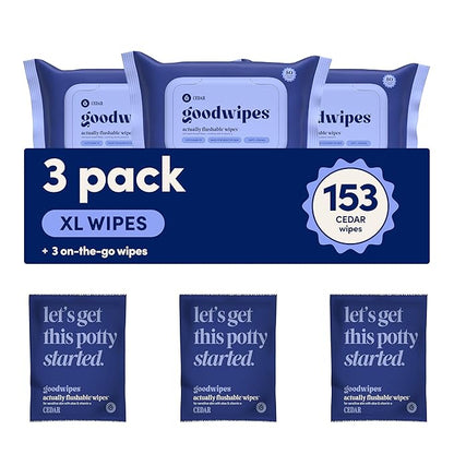 goodwipes Flushable Butt Wipes - Vitamin E & Aloe - Sewer & Septic Safe - Extra Large Adult Wet Wipes For Women & Men - Bathroom Essentials - Cedar, 153 Count (3 Packs + 3 Individually Wrapped)
