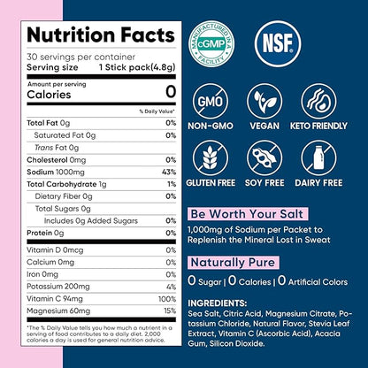Venture Pal High Sodium Sugar-Free Electrolyte Powder Packets - Hydration Packets with Sodium, Potassium & Magnesium | Zero Calories | Vegan, Keto, and Paleo Friendly | 30 Sticks