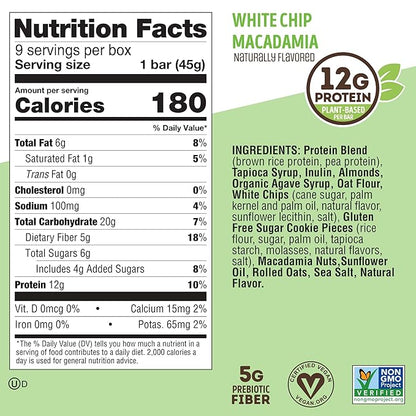 Lenny & Larry's Cookie-fied Protein Bar – White Chip Macadamia Vegan Protein Bars 9x45g – Healthy Snacks with 12g Plant Protein & 5g Fiber – Gluten-Free Power Bar, Non-GMO & Vegan