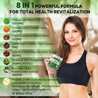 Moringa Gummies for Women Men, Pure Organic Moringa Leaf Extract Supplement with Vitamin C & E, Turmeric, Ceylon Cinnamon, Probiotics for Gut & Immune Health, Supergreen, Sugar-Free, Vegan, 60 Chews