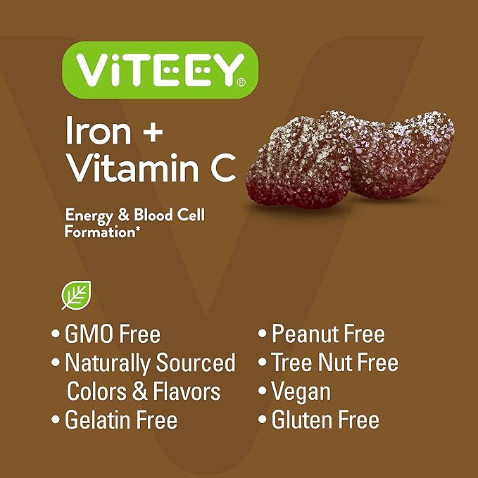 Viteey Iron Gummies - Iron with Vitamin C - Energy, Bood Support and Anemia Supplement for Women & Men - Vegan, Gluten Free - 60 Count