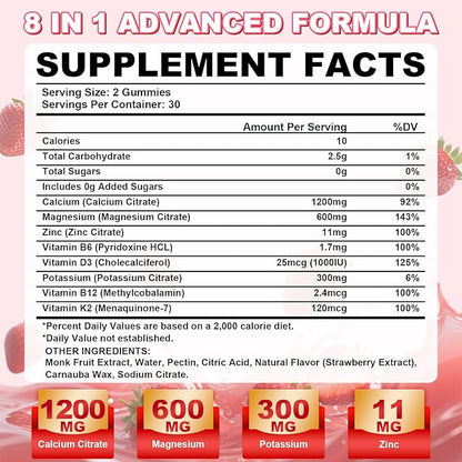 Calcium Citrate Gummies - Chewable Calcium Gummies for Bone, Muscle, Teeth, Immune Support, High Absorption Calcium Supplements for Women & Men Sugar Free Strawberry Flavor 60 Count